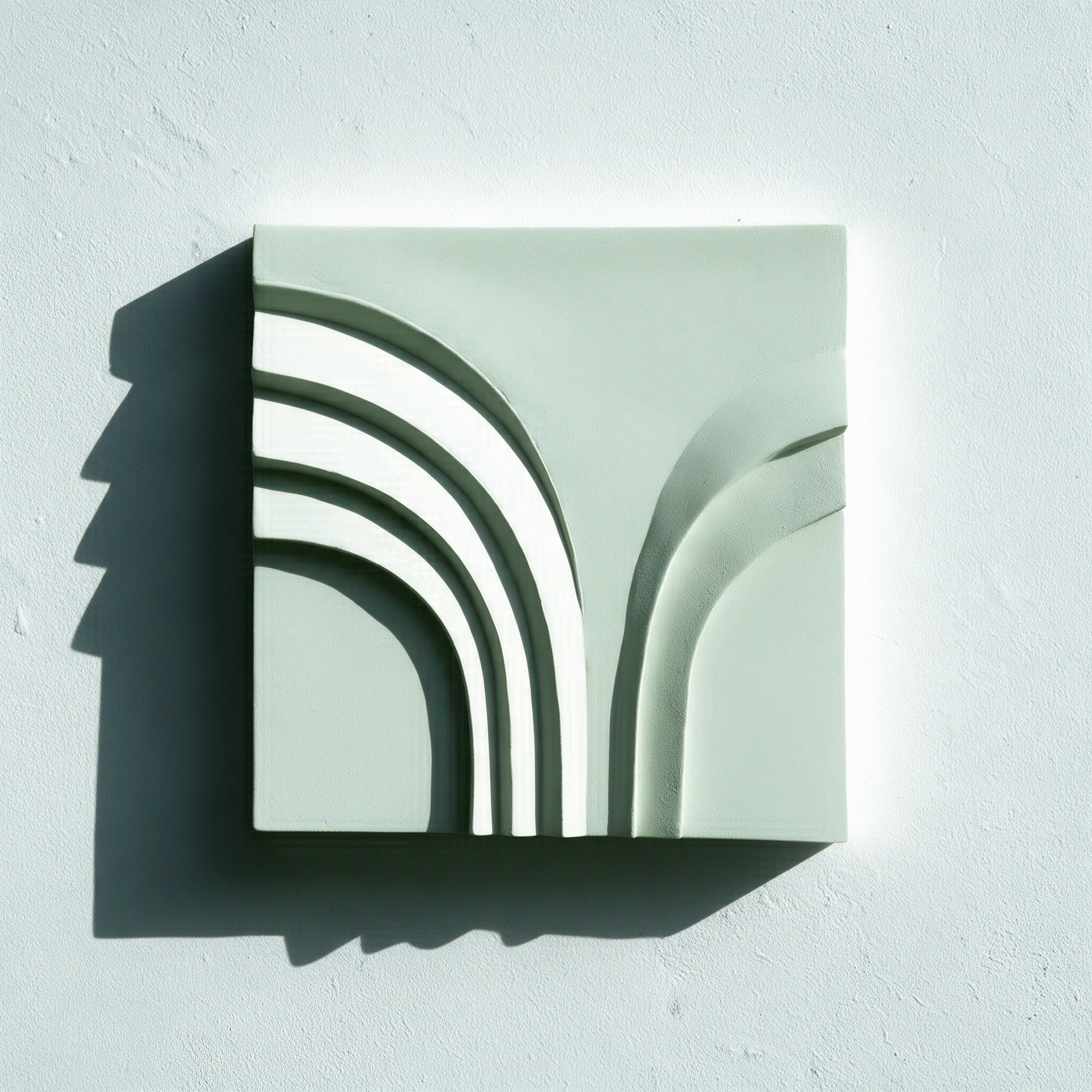 White Deco Palm and Spiral Palm 1 relief with curved fan-like bands in strong side lighting.