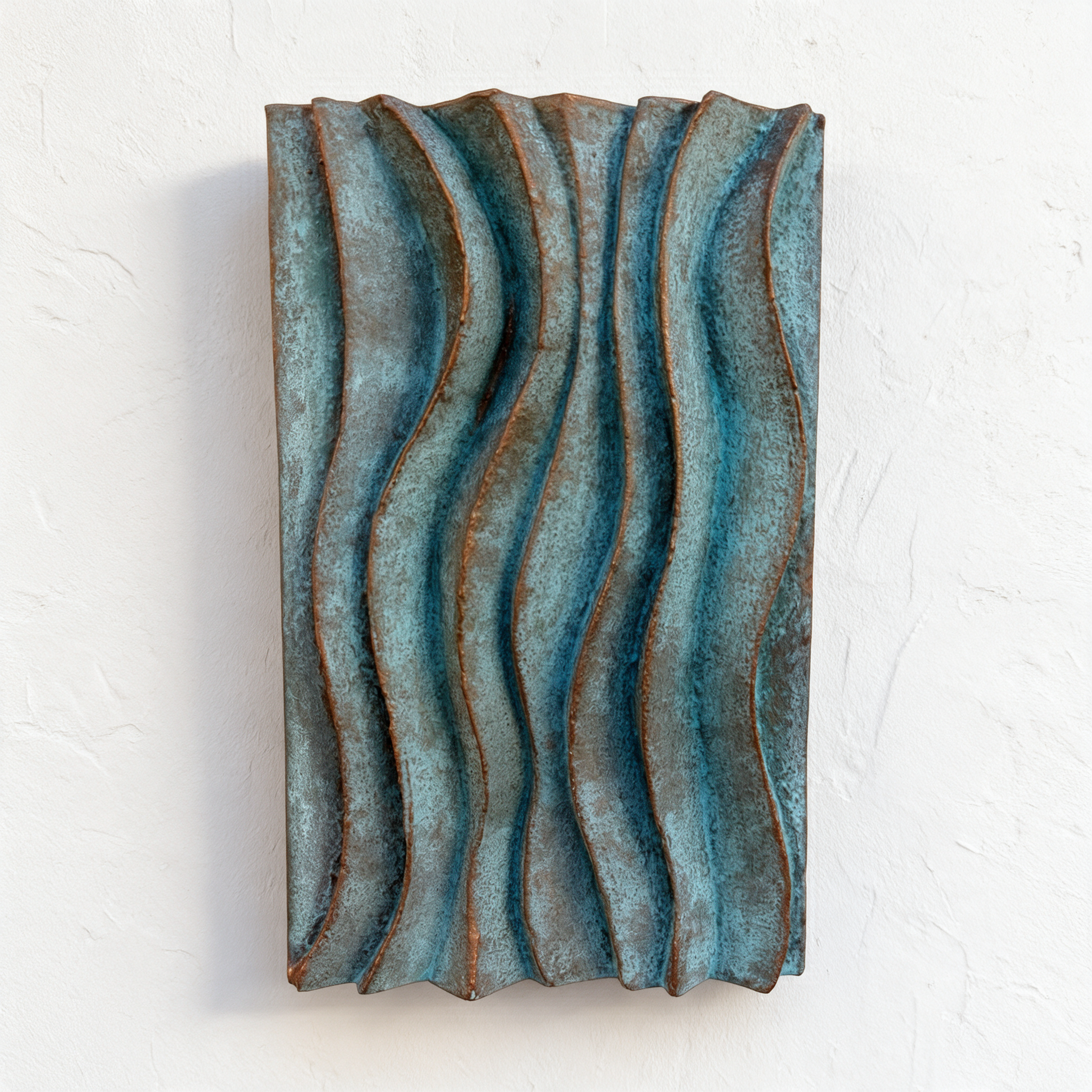 Verdigris Dune Ripple 1 relief with blue-green curved ridges and darker edges against white.