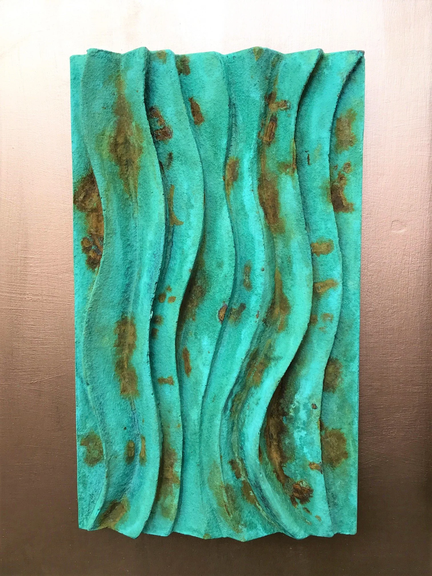 Dune Ripple 1 relief with turquoise verdigris and rust-coloured patches across flowing ridges.