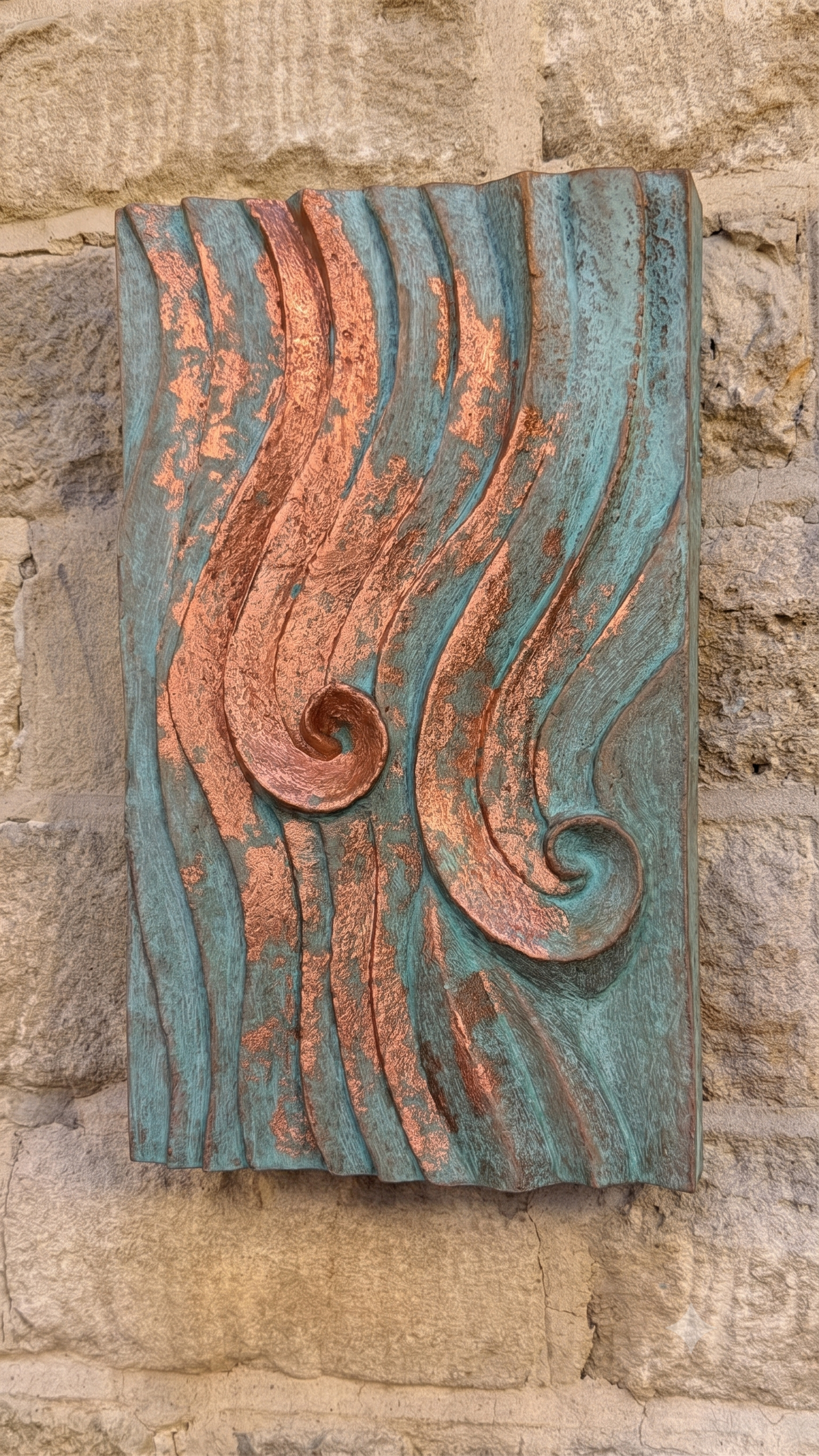 Dune Ripple 2 relief with copper-coloured ridges, verdigris and two spirals on stone.