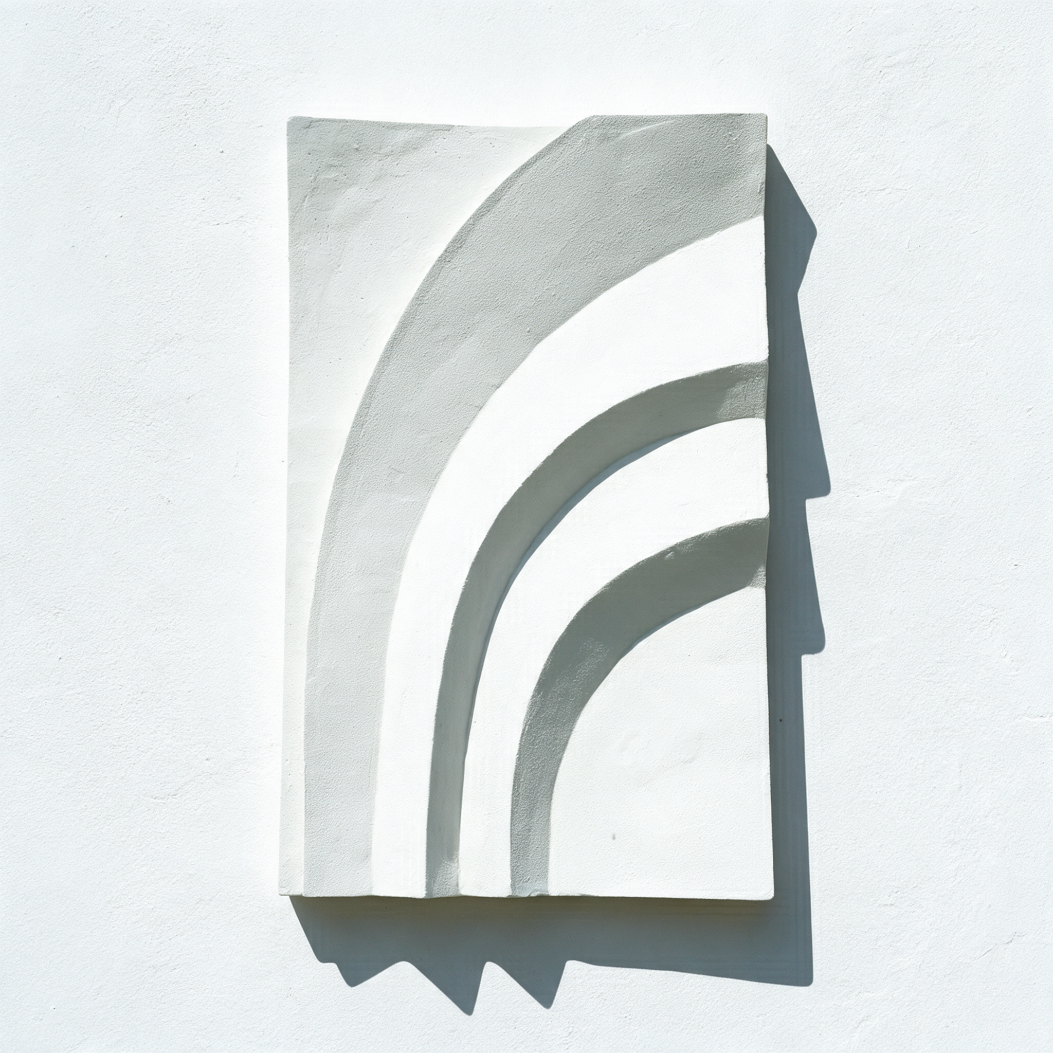White Egyptian Palm 3 Three Leaves with three curved bands casting shadows on a pale wall.
