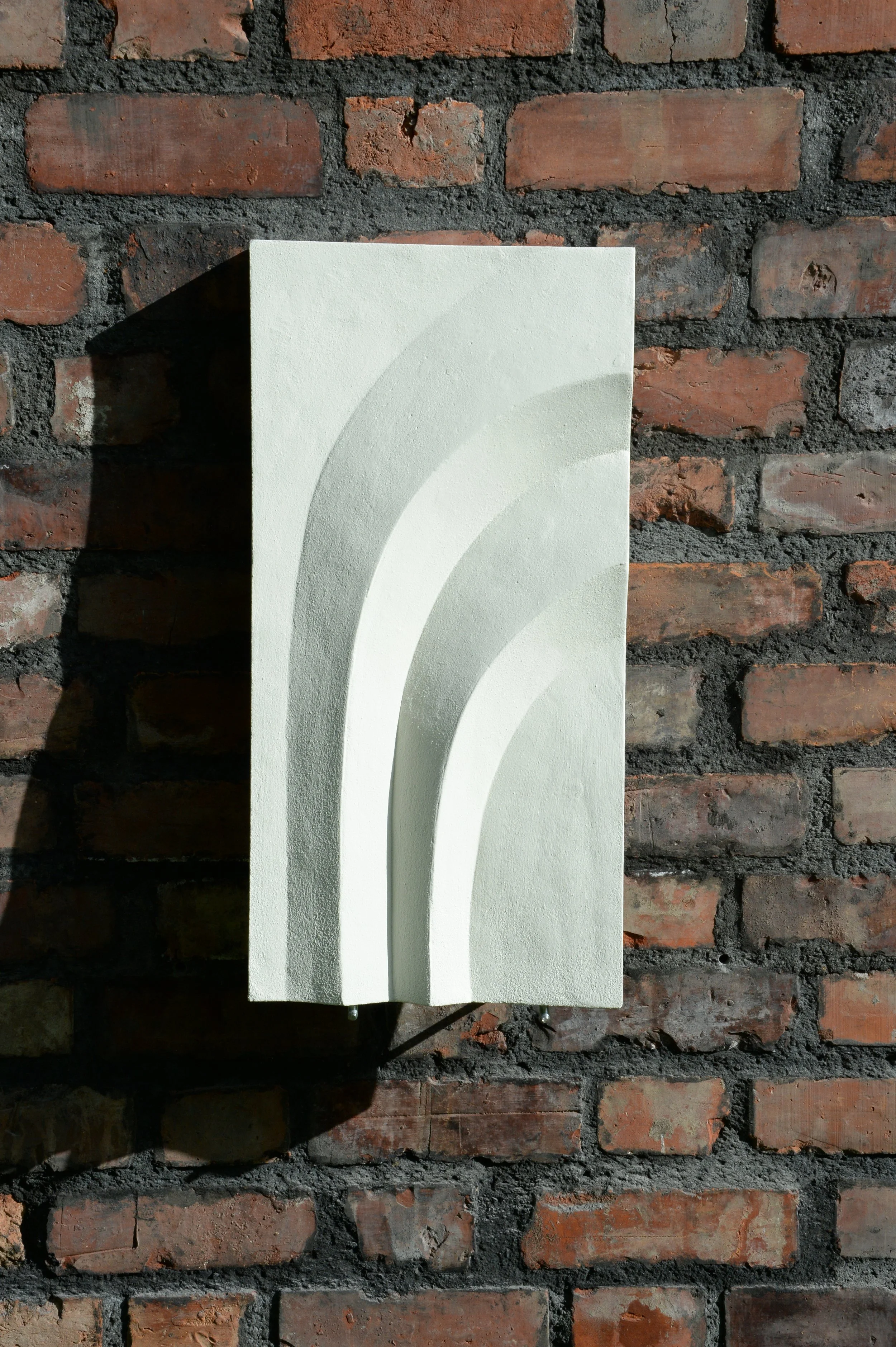 White Egyptian Palm 2 in strong sunlight on a brick wall.