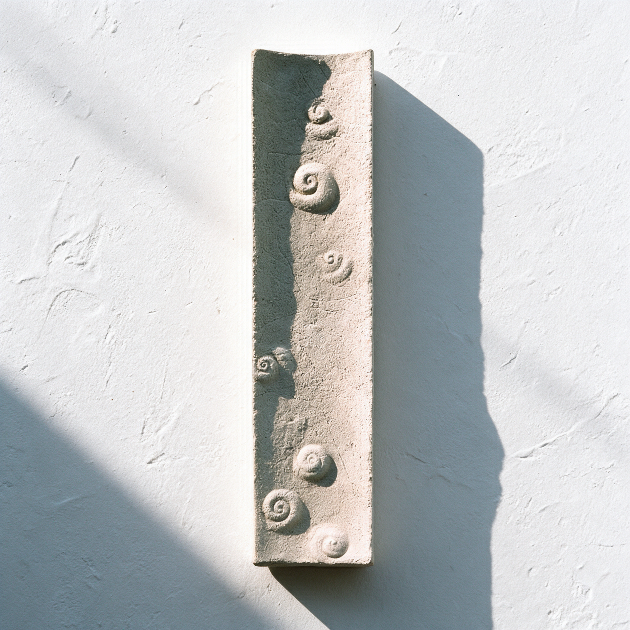 White Embedded Shells shown vertically in sunlight, with scattered small spiral forms.