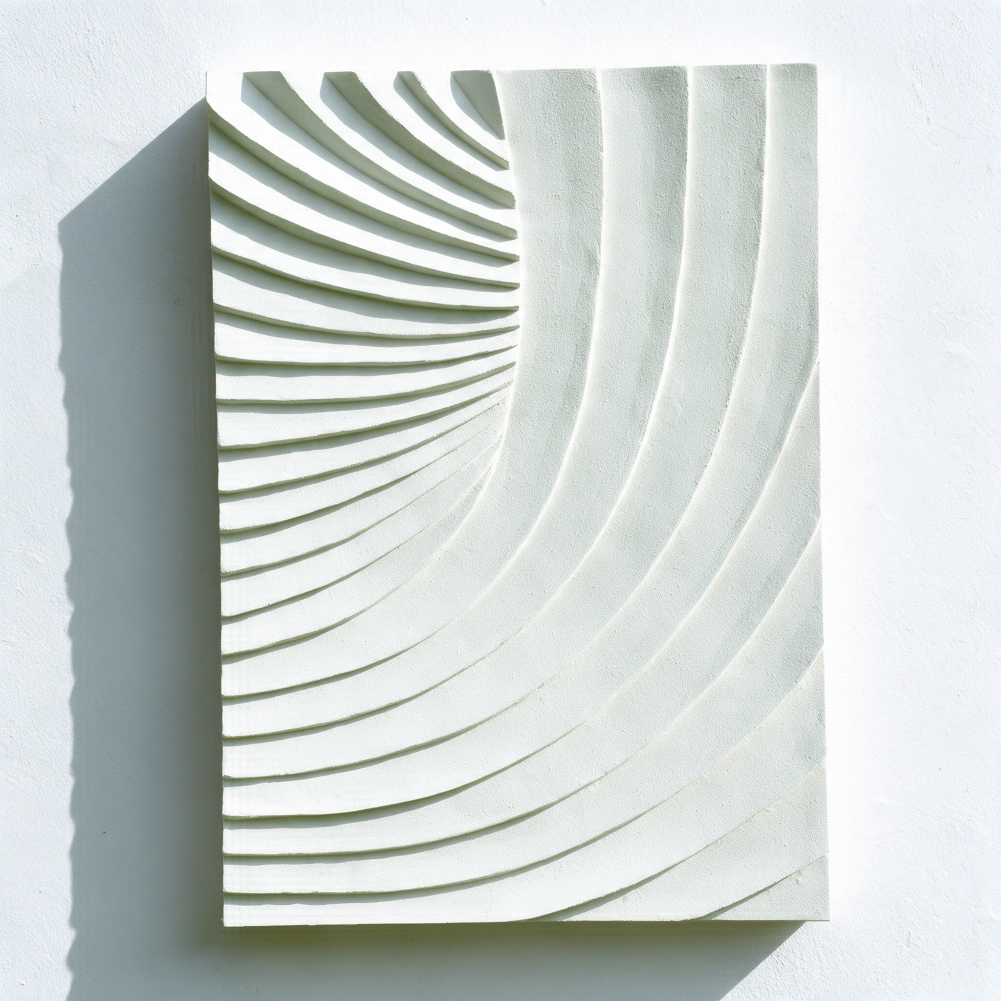 White Fold Unfold 3 with curved ridges opening from a tight fan into broad bands.