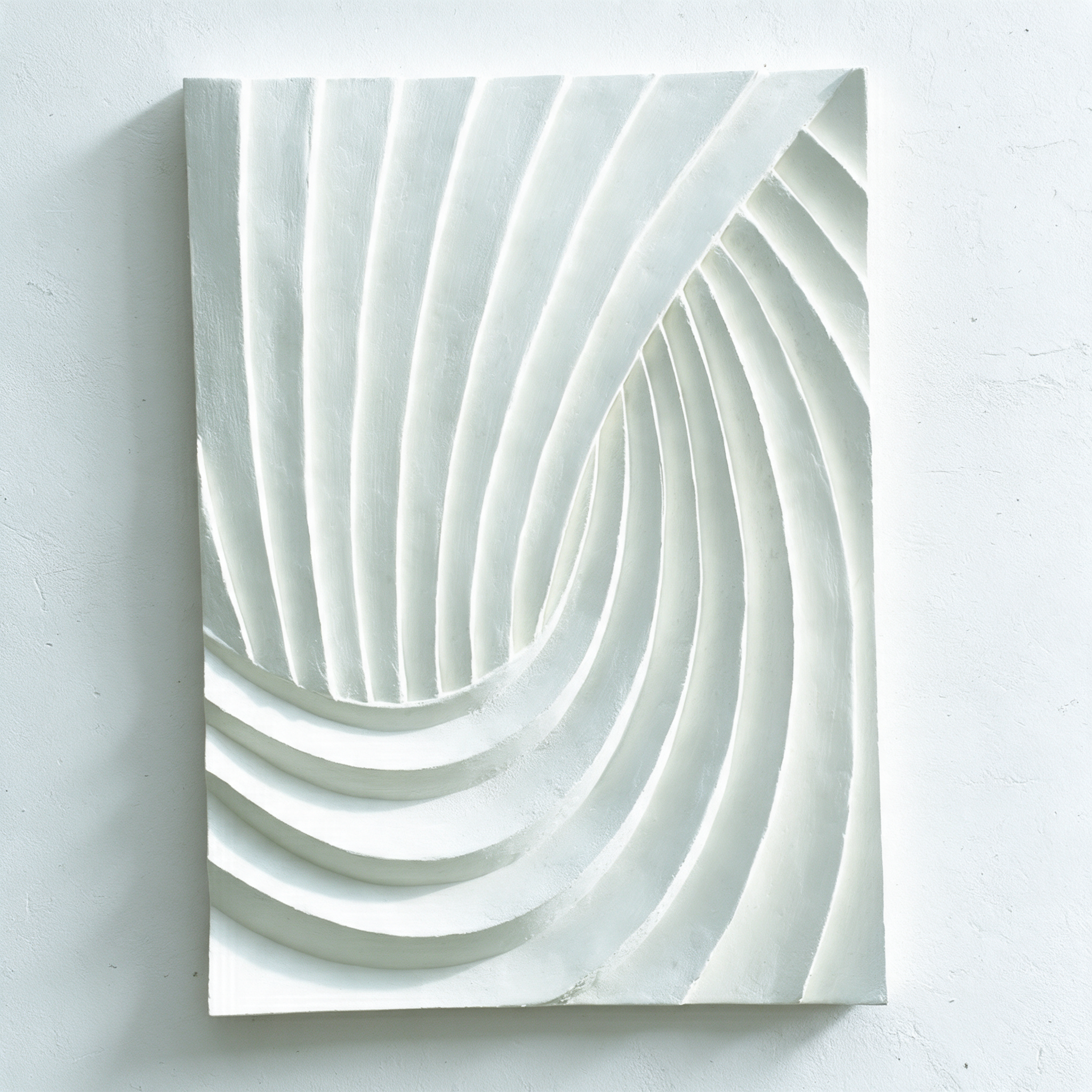 White Fold Unfold 4 with interlocking fans of curved ridges against a pale wall.