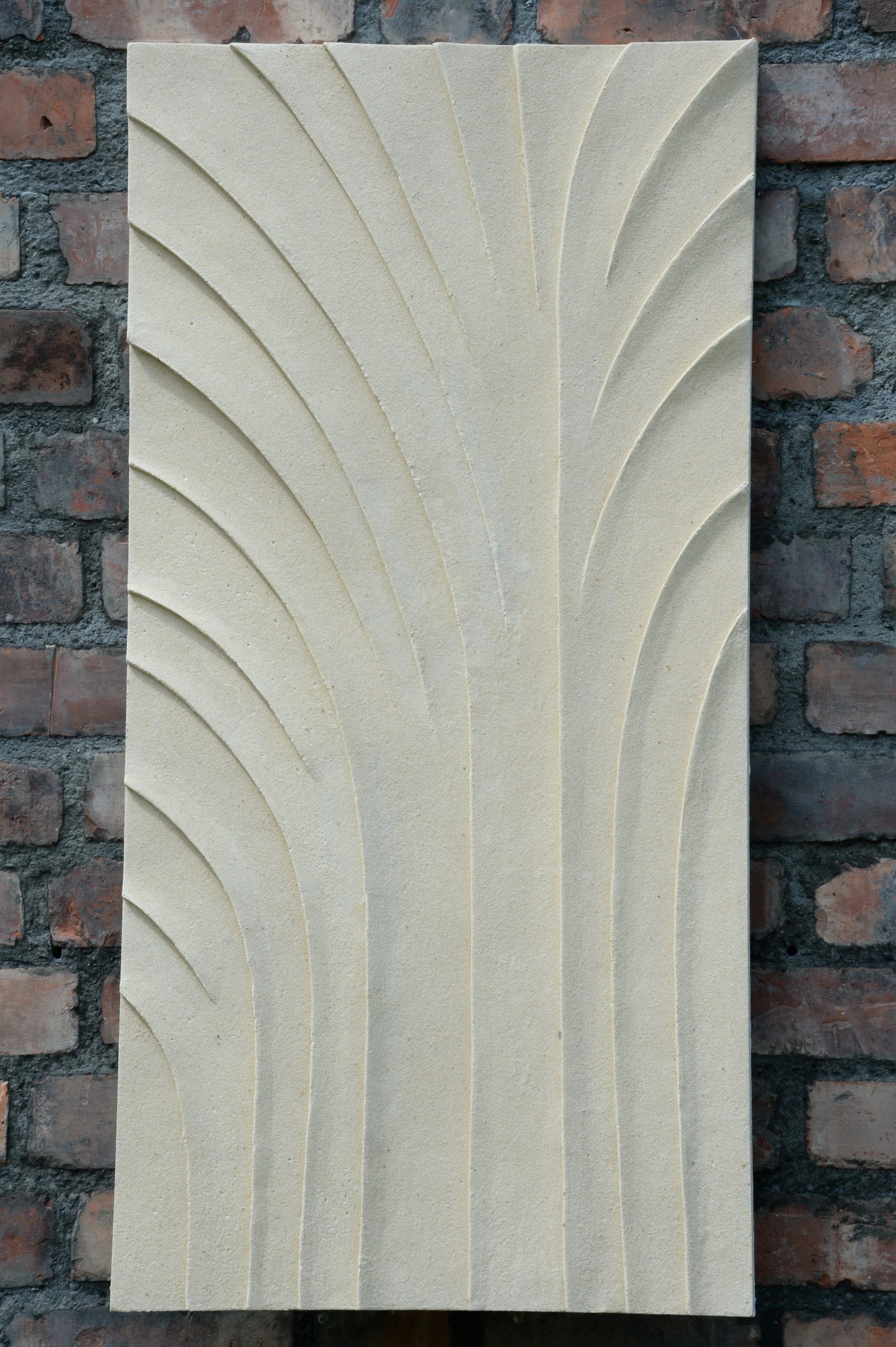 White Fountain Palm Egyptian displayed vertically against brickwork.