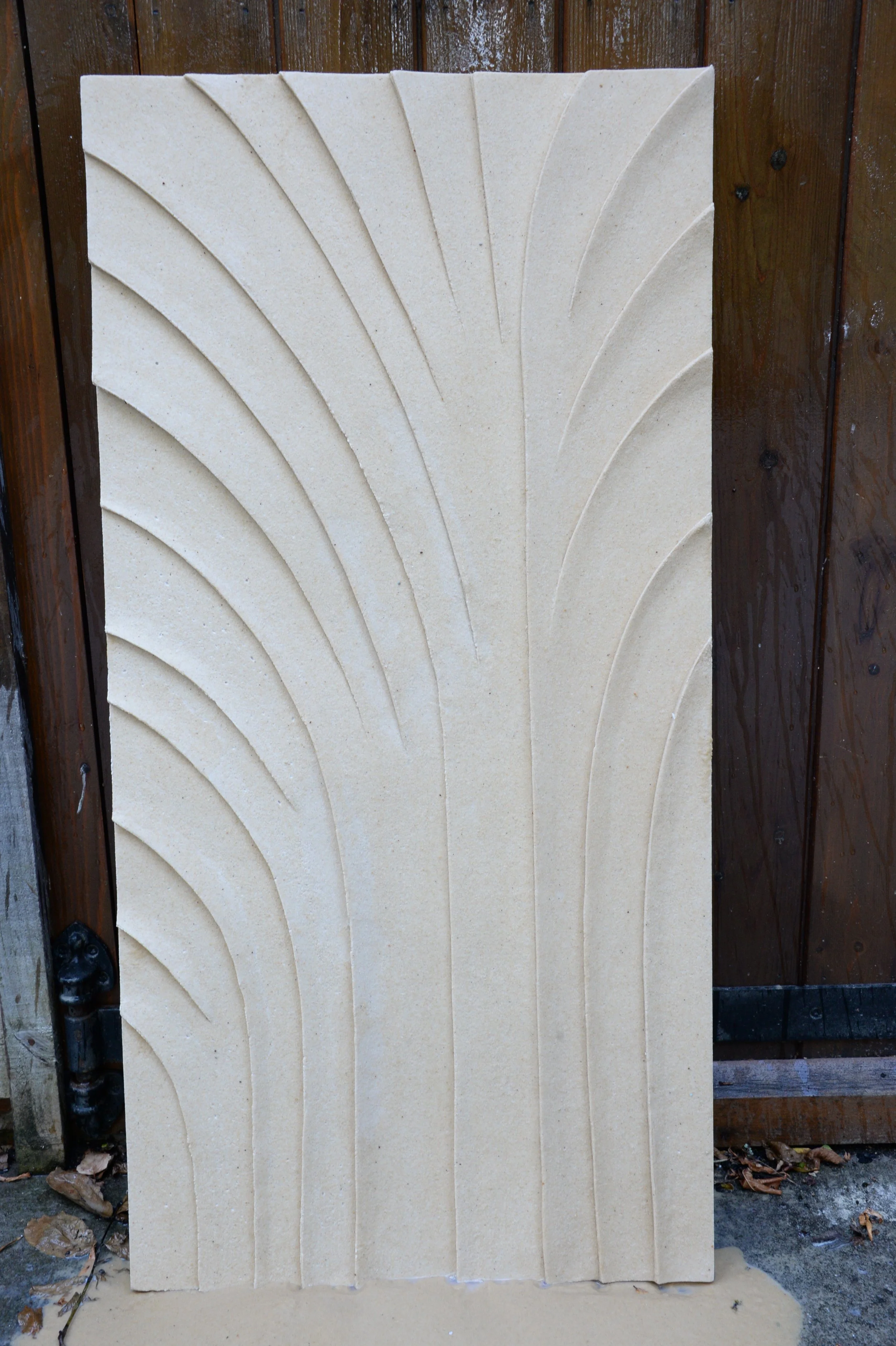 Tall white Fountain Palm Egyptian panel standing against a timber door.