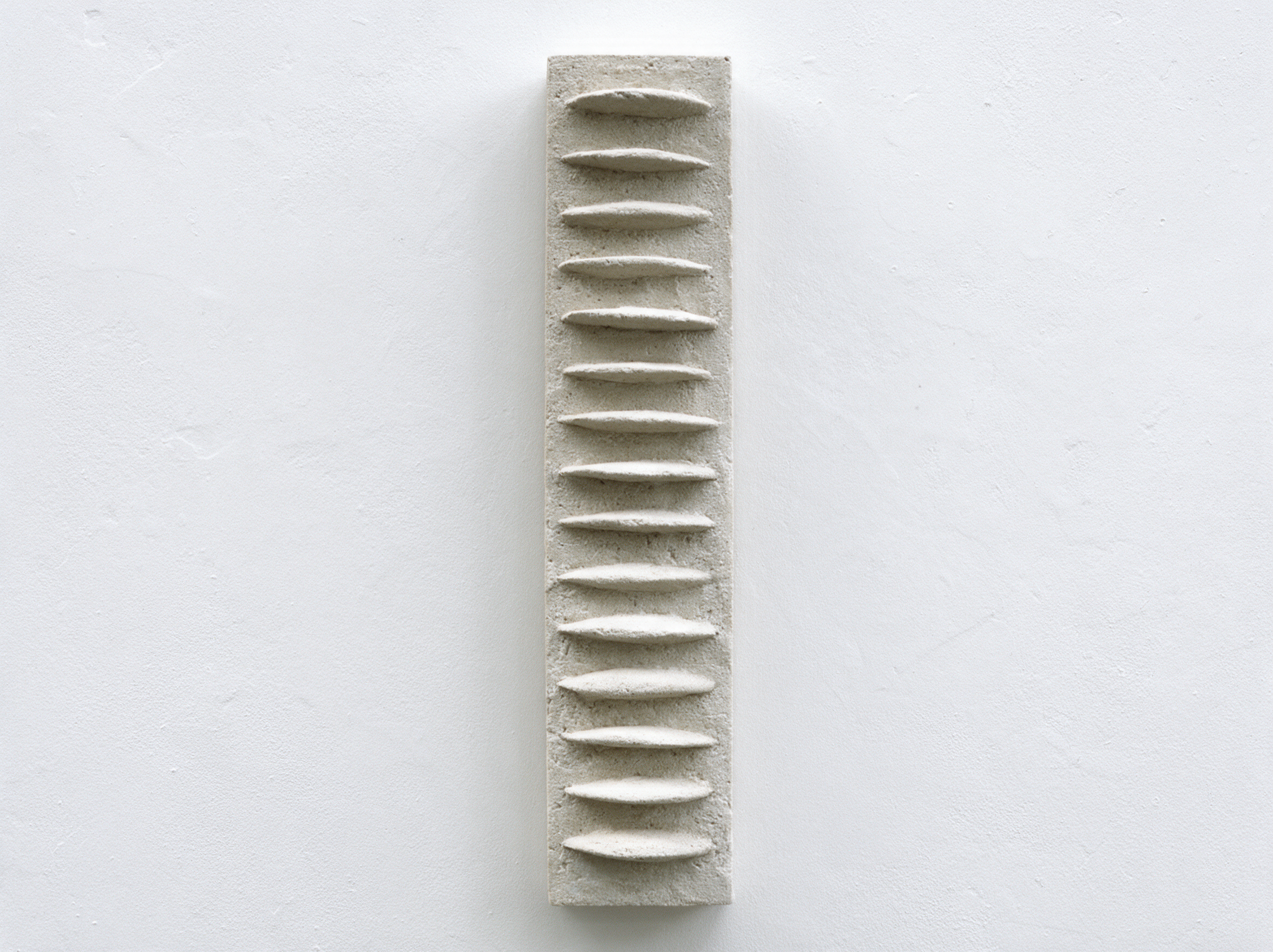 Full-length white Frozen Fish with repeated tapered relief shapes against white.