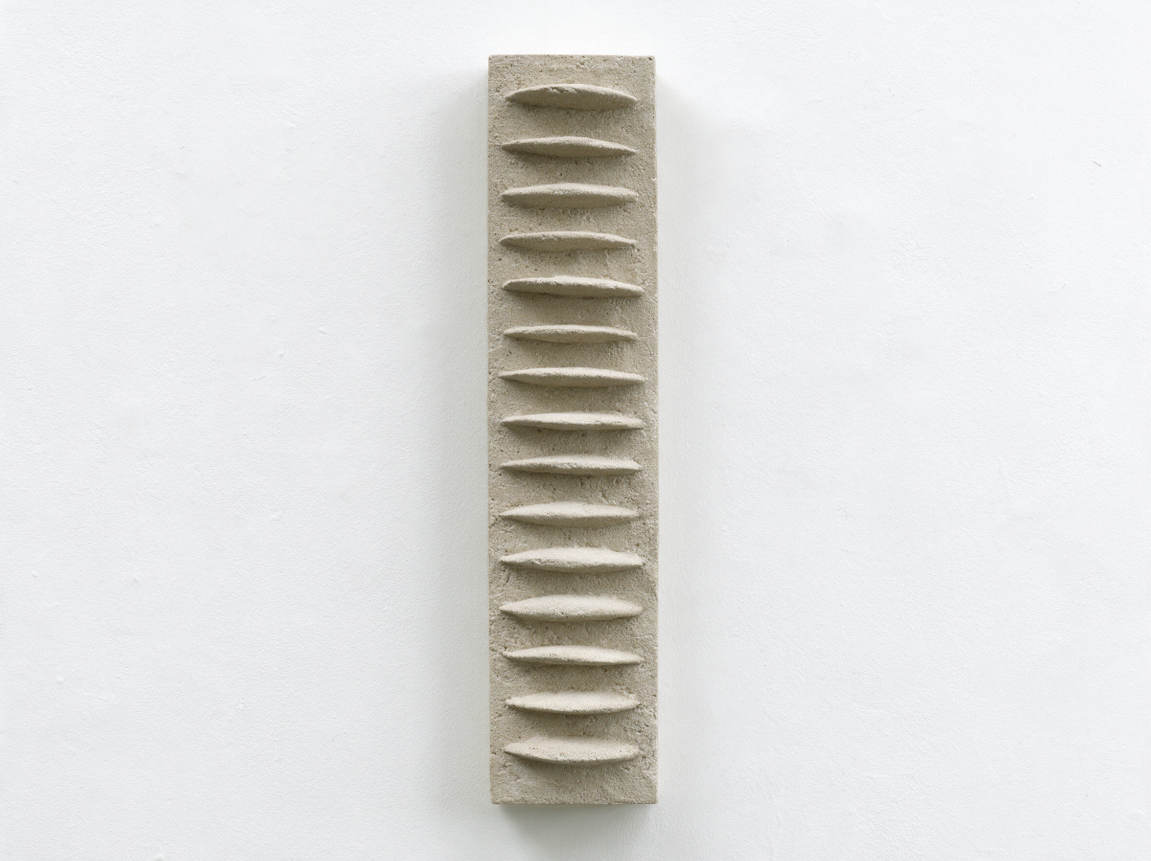 White Frozen Fish with repeated raised fin-like forms against a pale wall.