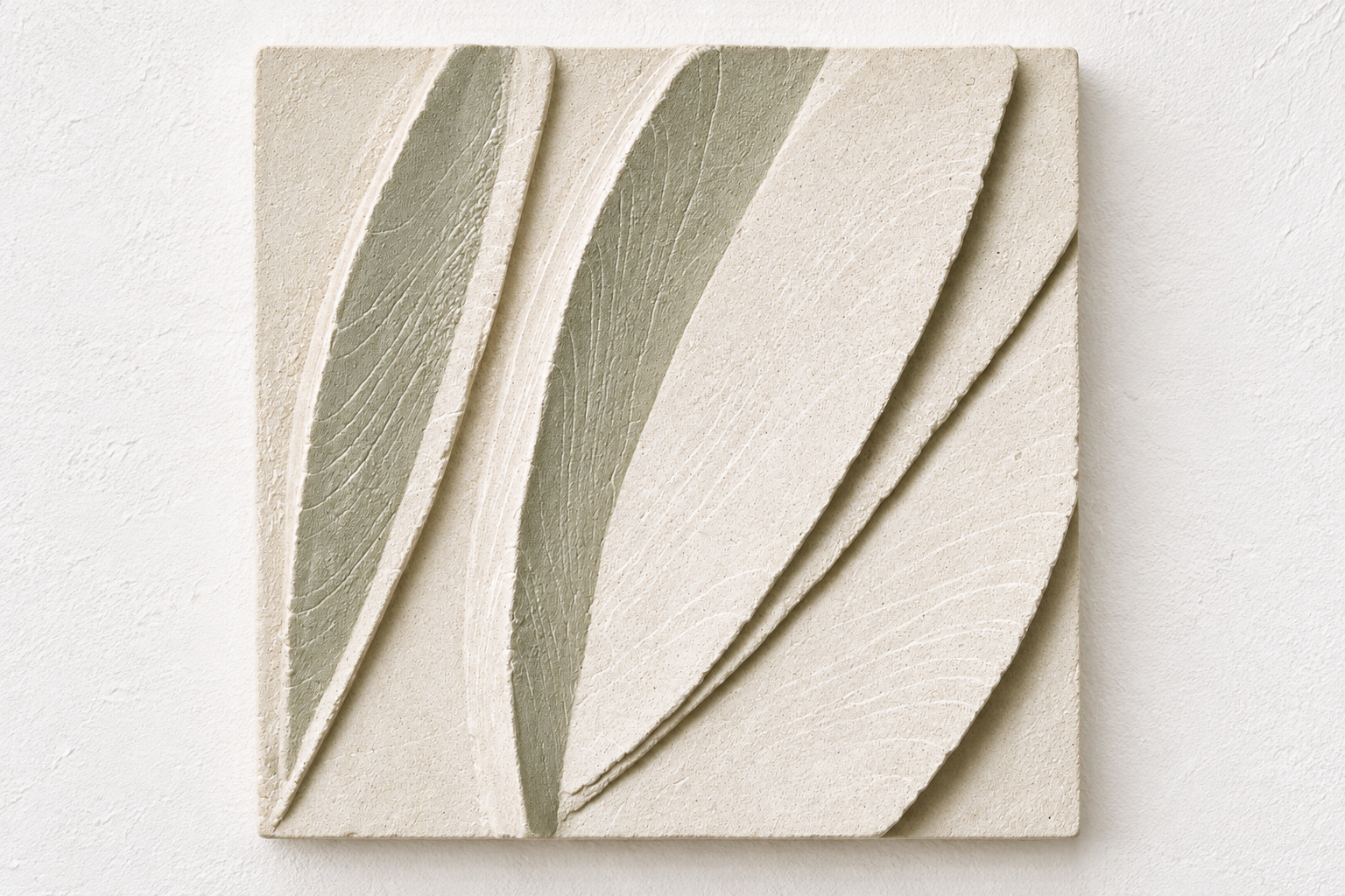 White Leaf Form 1 relief with long tapered leaf shapes against white.