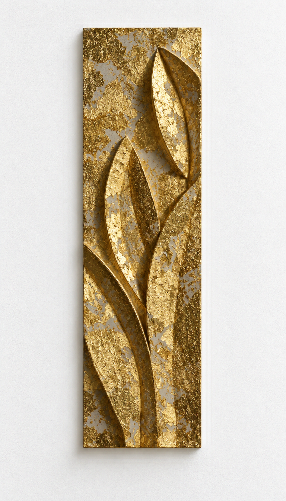 Tall gold-coloured Leaf Growth relief with pointed leaves on a slender stem.