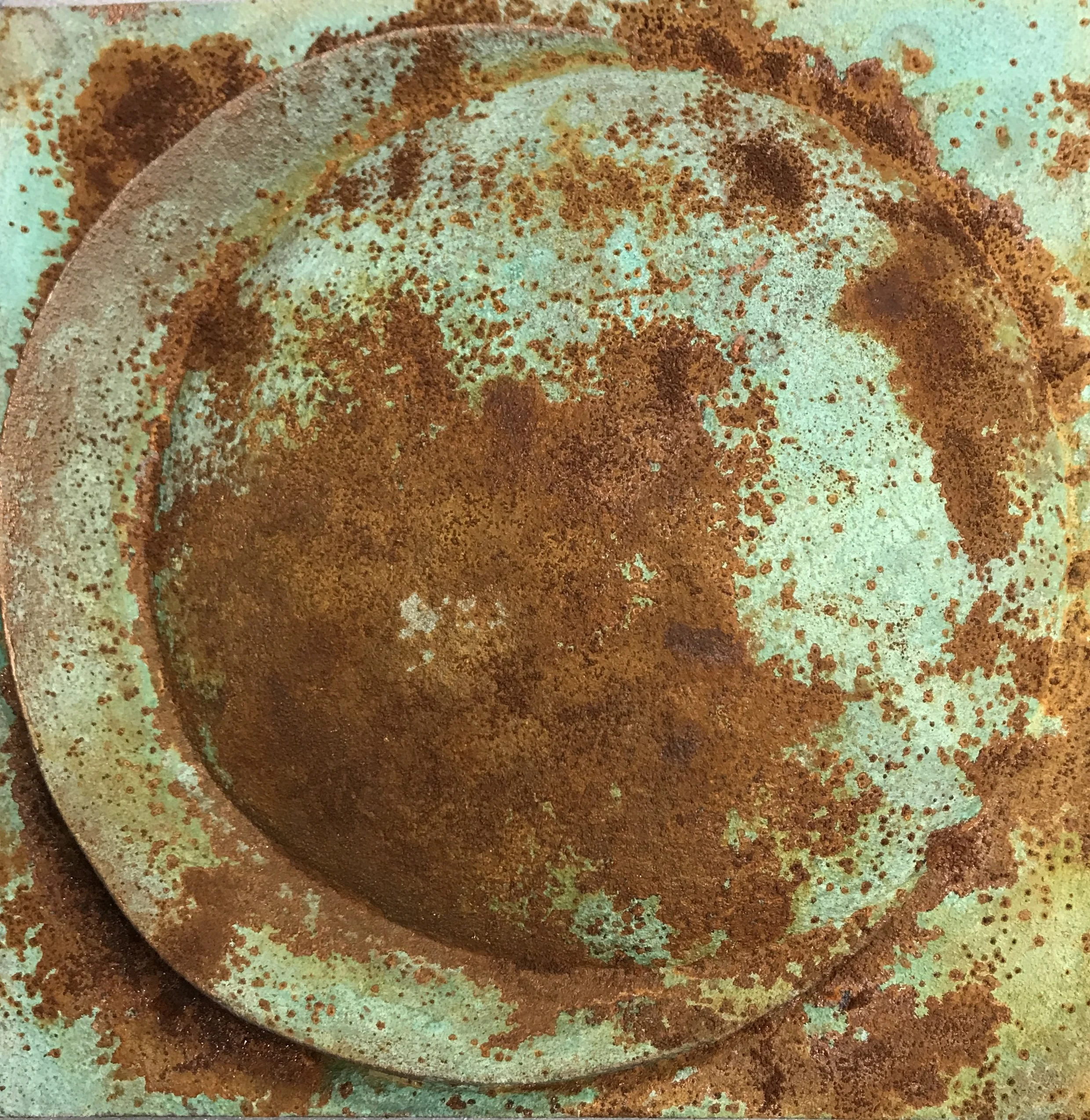 Close-up of Moon Crater Phase 1 with turquoise verdigris and rust-coloured mottling.