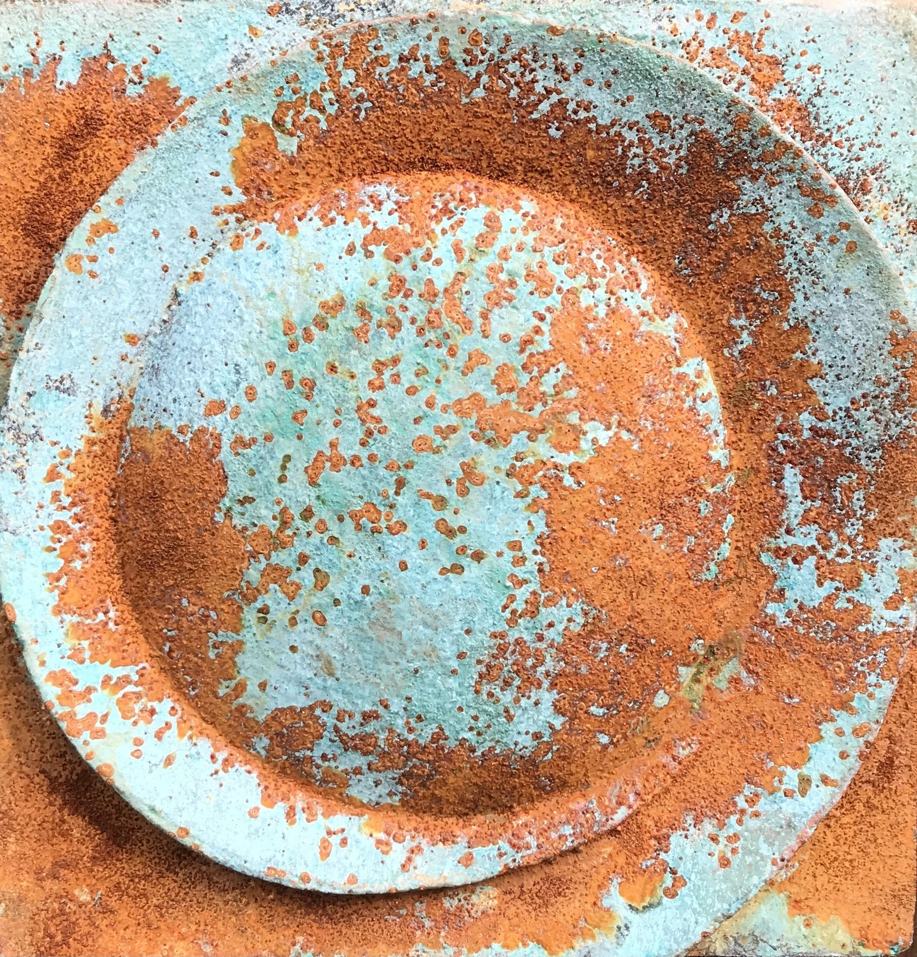 Detail of Moon Crater Phase 2 with turquoise verdigris and bright rust-coloured patches.