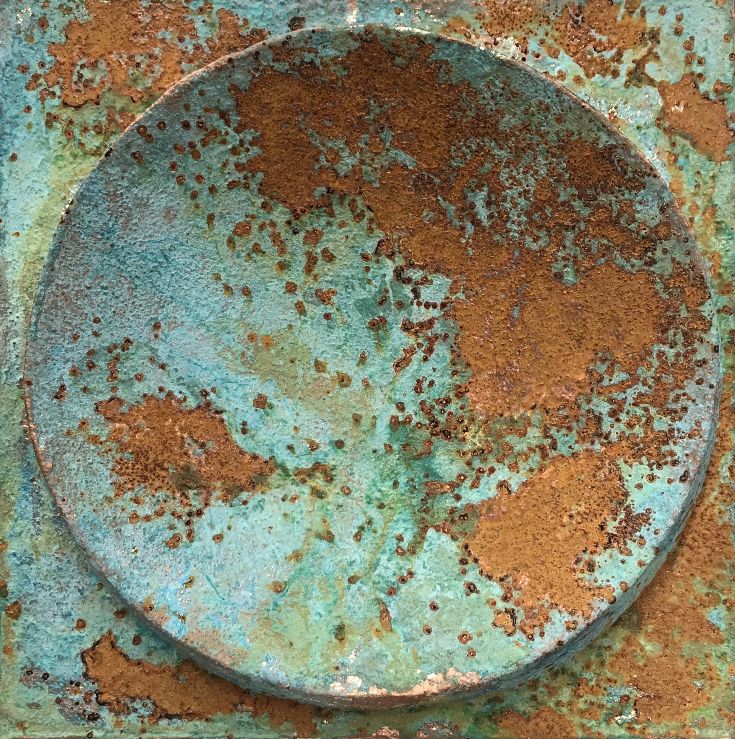 Close-up of verdigris and rust Moon Crater Phase 4, showing a mottled circular recess.