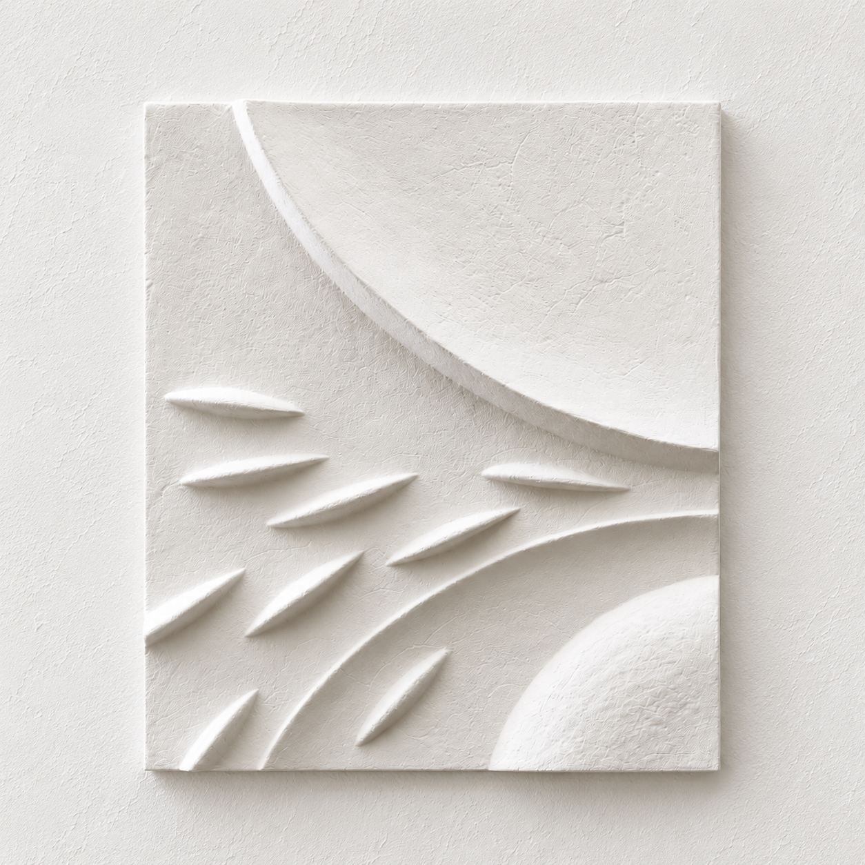 White Moon Fishwave 1 relief with tapered fish-like shapes between sweeping curved bands.