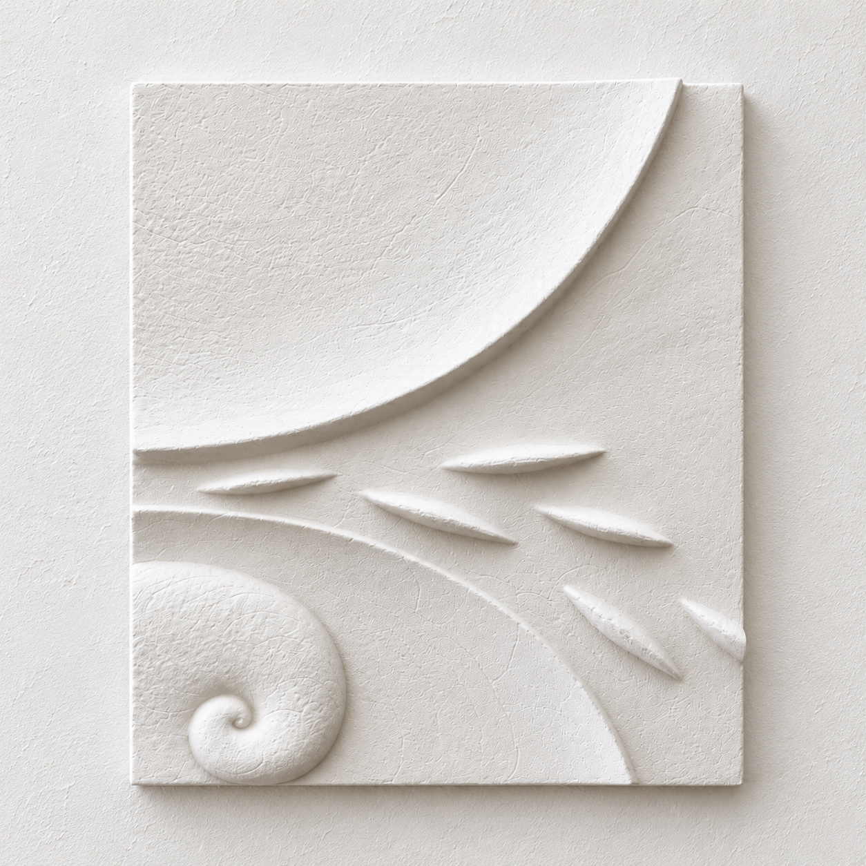 White Moon Fishwave 2 relief with tapered fish-like forms and a small lower spiral.
