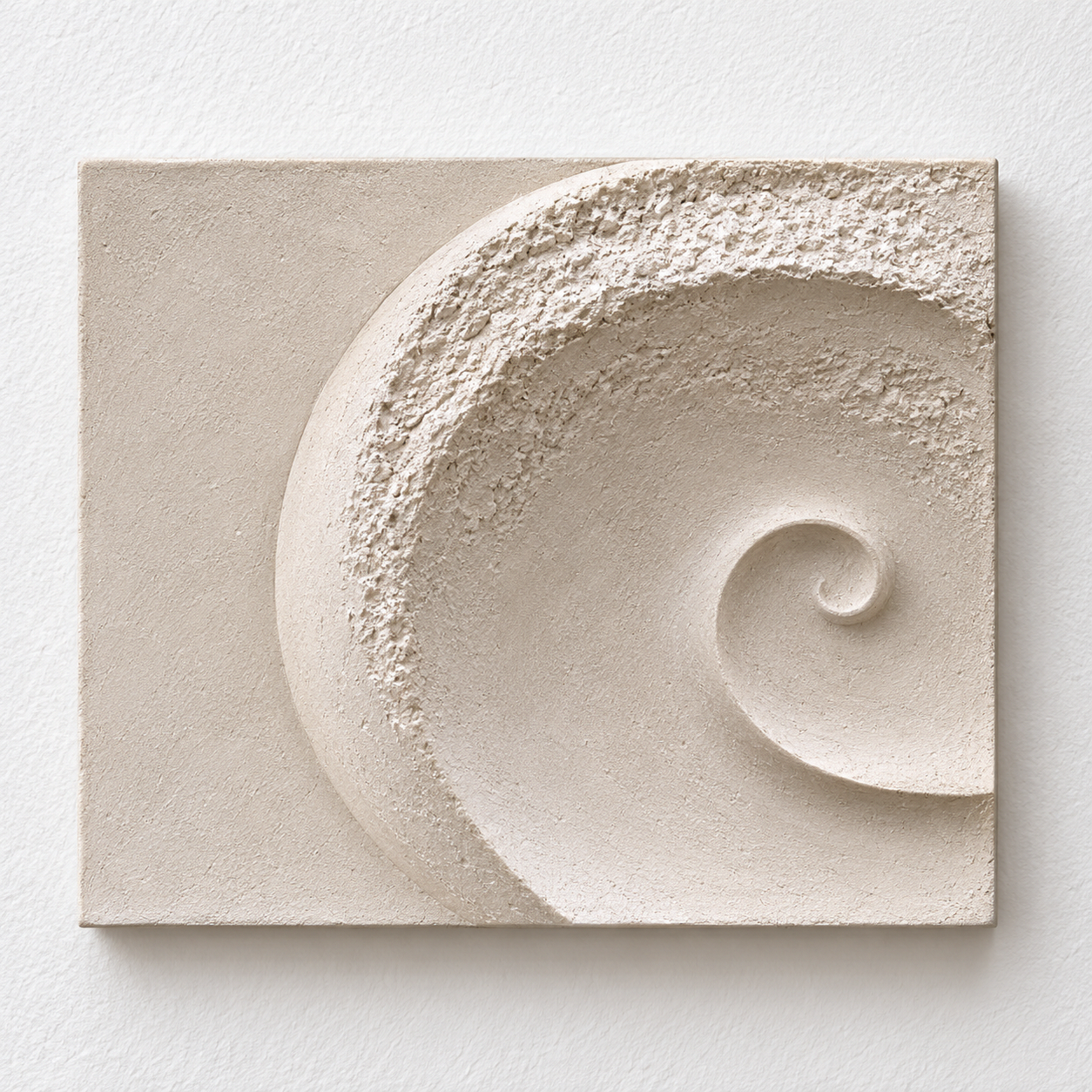 White Moonshell Lava 1 square relief with a rough crescent edge and a spiral on the right.