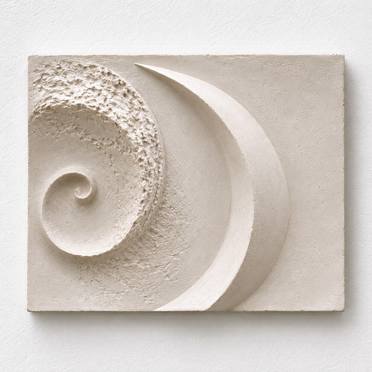 White Moonshell Lava 2 square relief with a rough curled edge and a smooth crescent on the right.