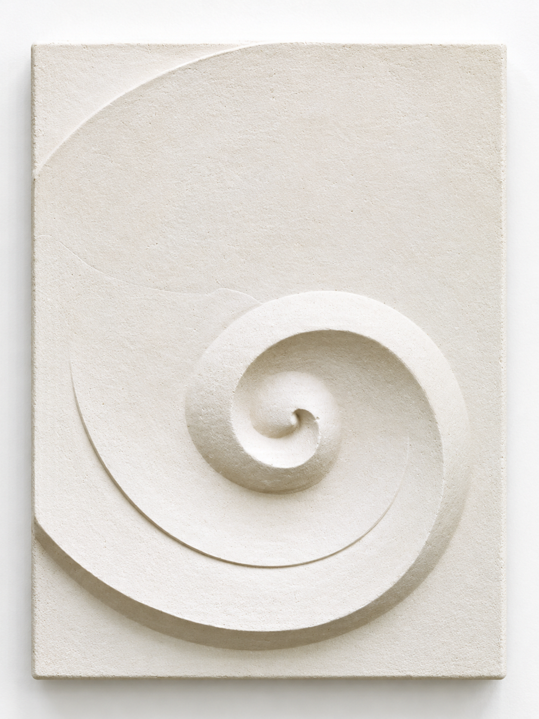 White Moonspiral 3 rectangular relief showing its textured spiral against a pale background.