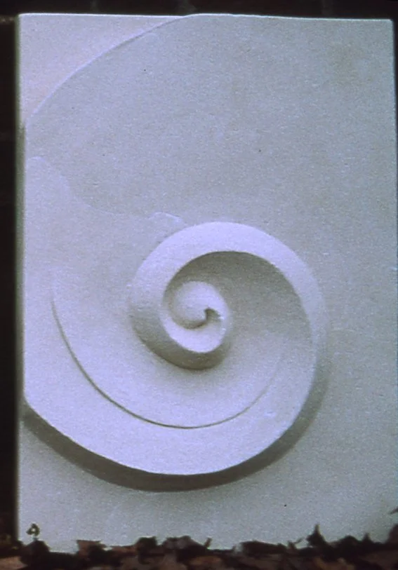Moonspiral 3 rectangular spiral relief photographed in purple-toned light against a dark background.