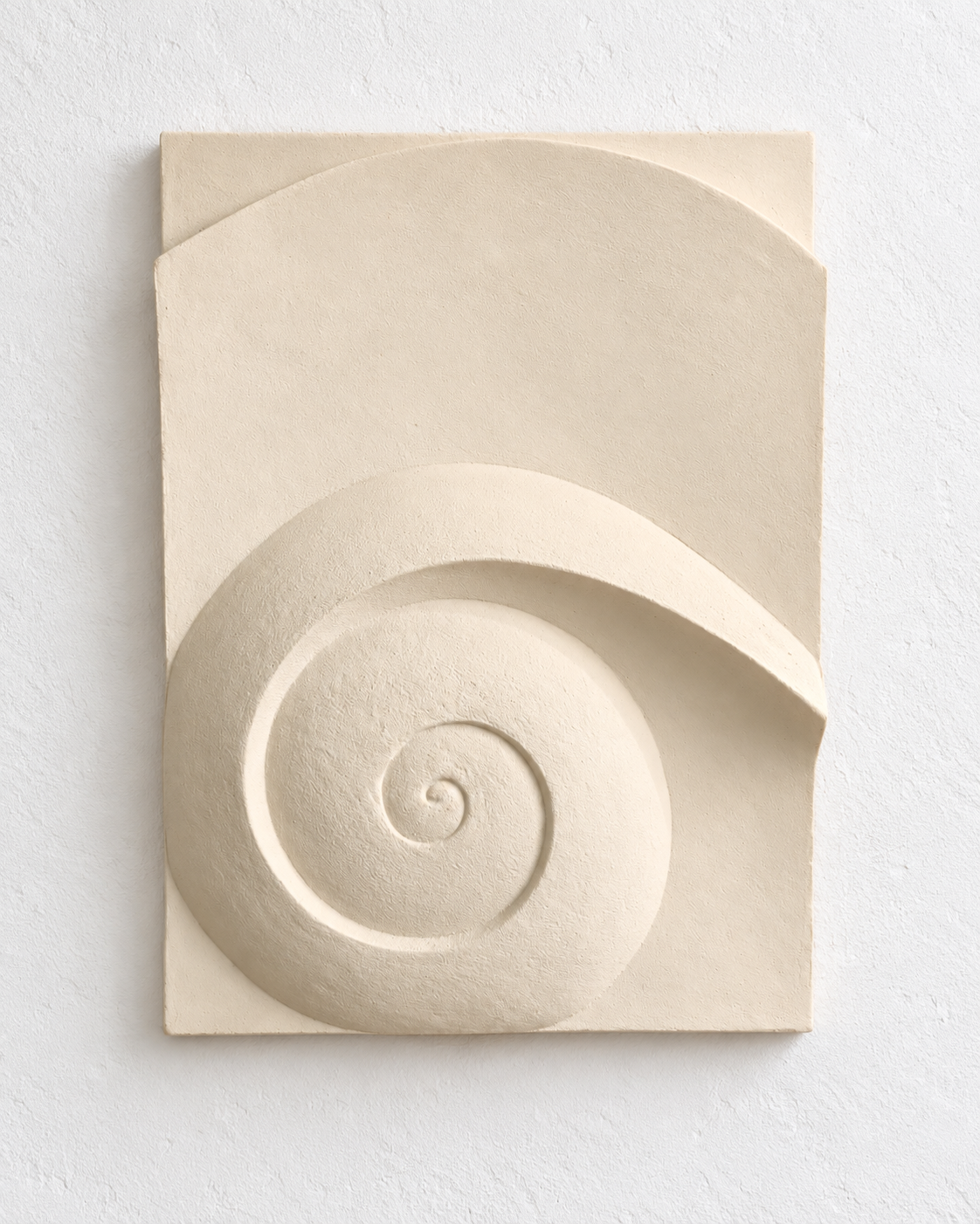 White Moonspiral 2 rectangular relief with a low spiral and broad upper crescent.
