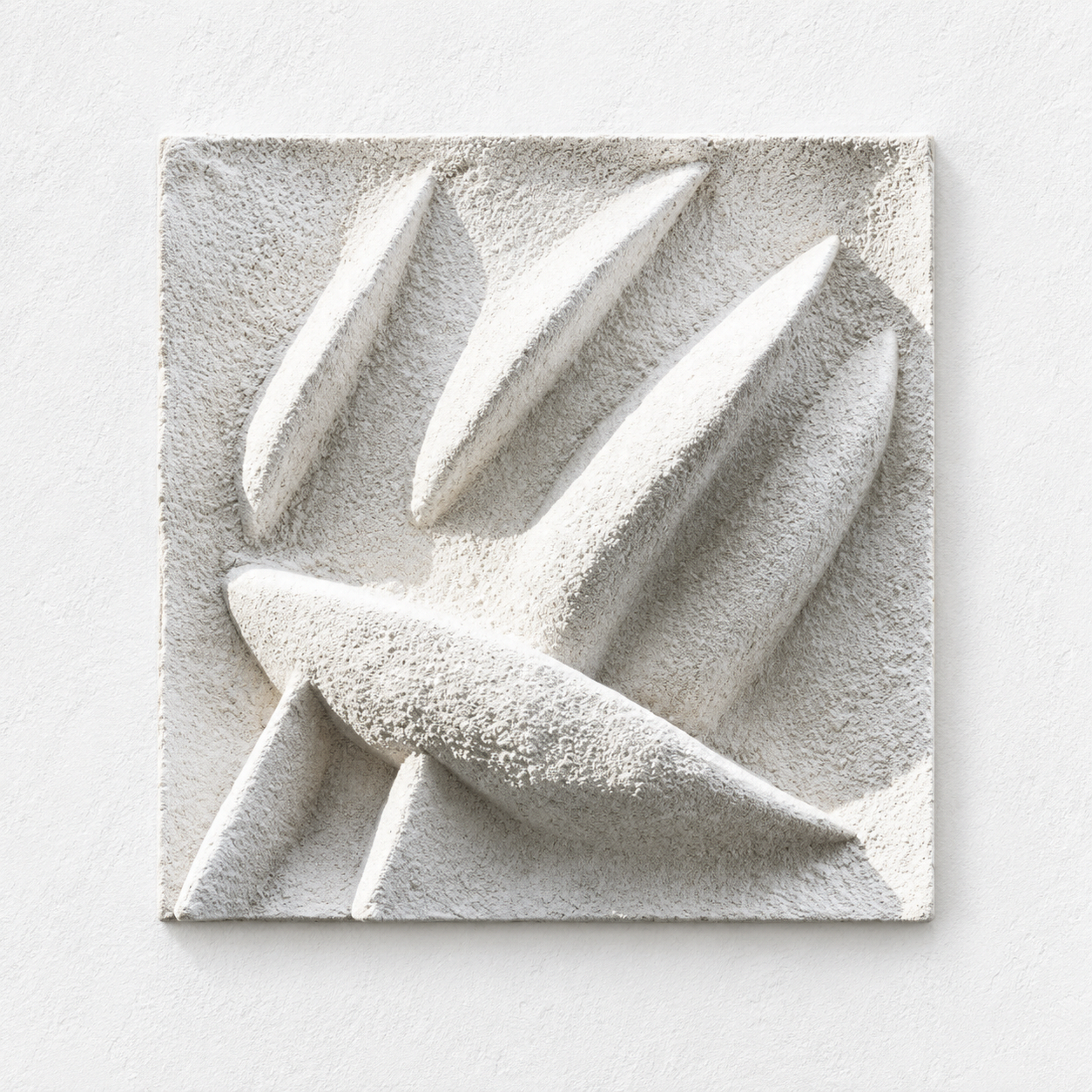 White Plant Form square relief with five elongated pointed leaf forms and a textured surface.
