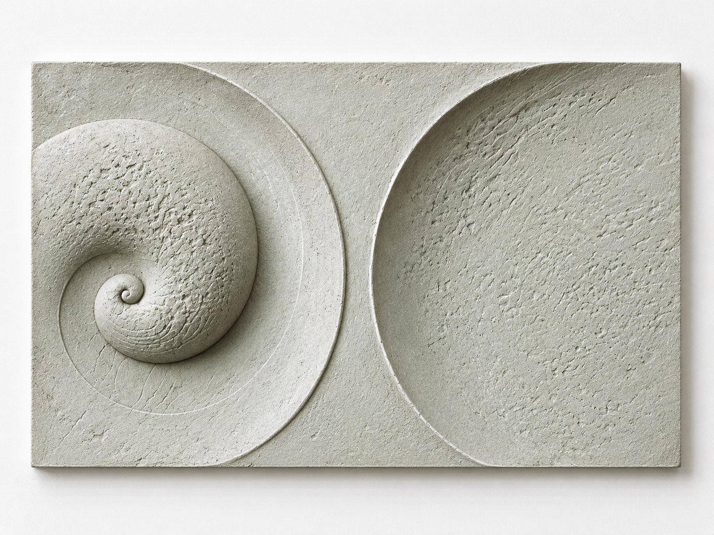 White Soundwave rectangular relief with a spiral on the left and a curved recess on the right.