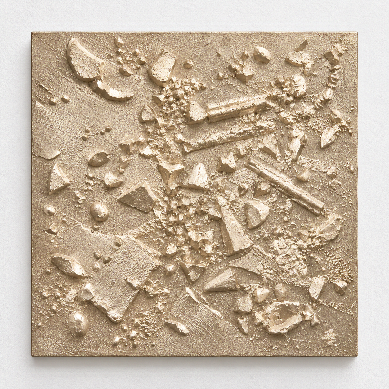 Spice Texture 1 square relief with scattered raised fragments and seeds in a warm pale finish.