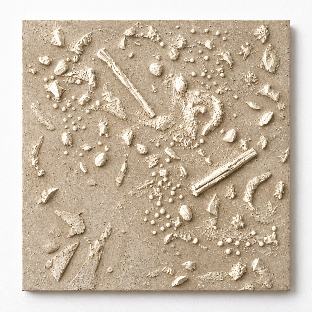 Spice Texture 2 square relief with scattered raised seeds, sticks and small textured forms.