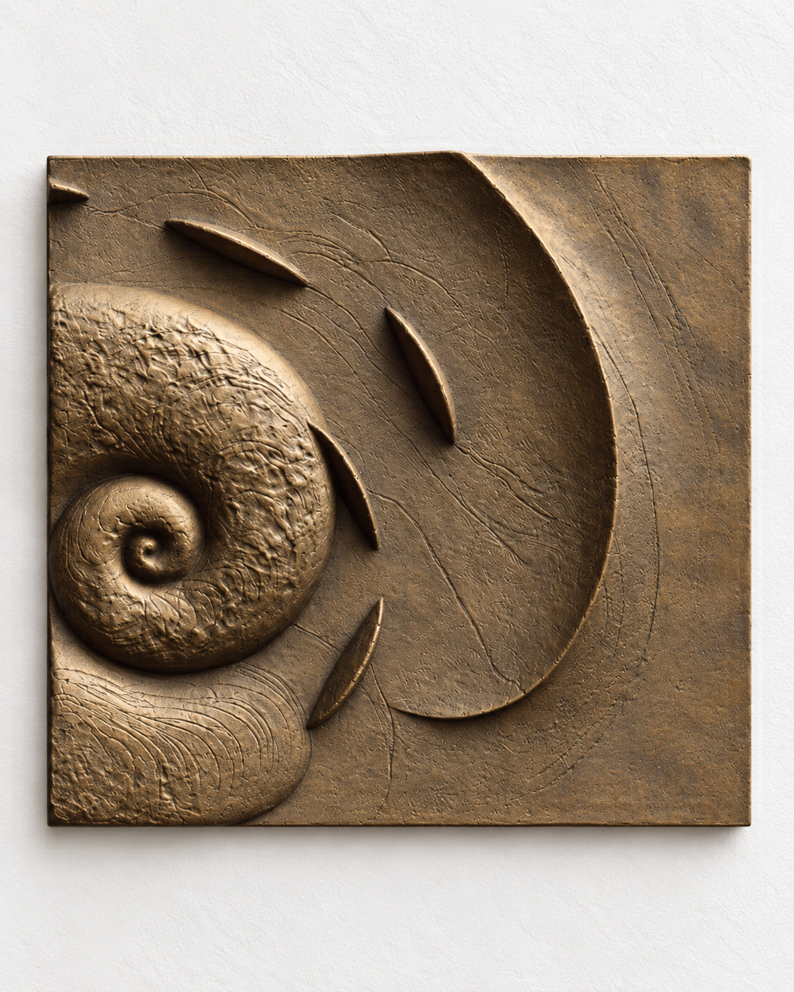Bronze-coloured Spiralfish Wave and Tide 2 square panel with a spiral and raised fish-like forms.