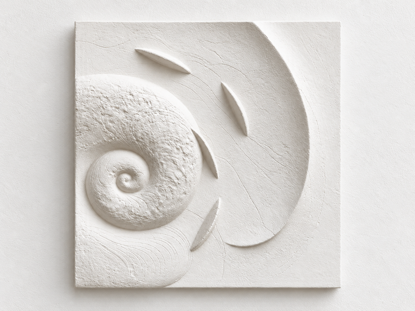 White Spiralfish Wave and Tide 2 square relief with a textured spiral and curved fish-like forms.