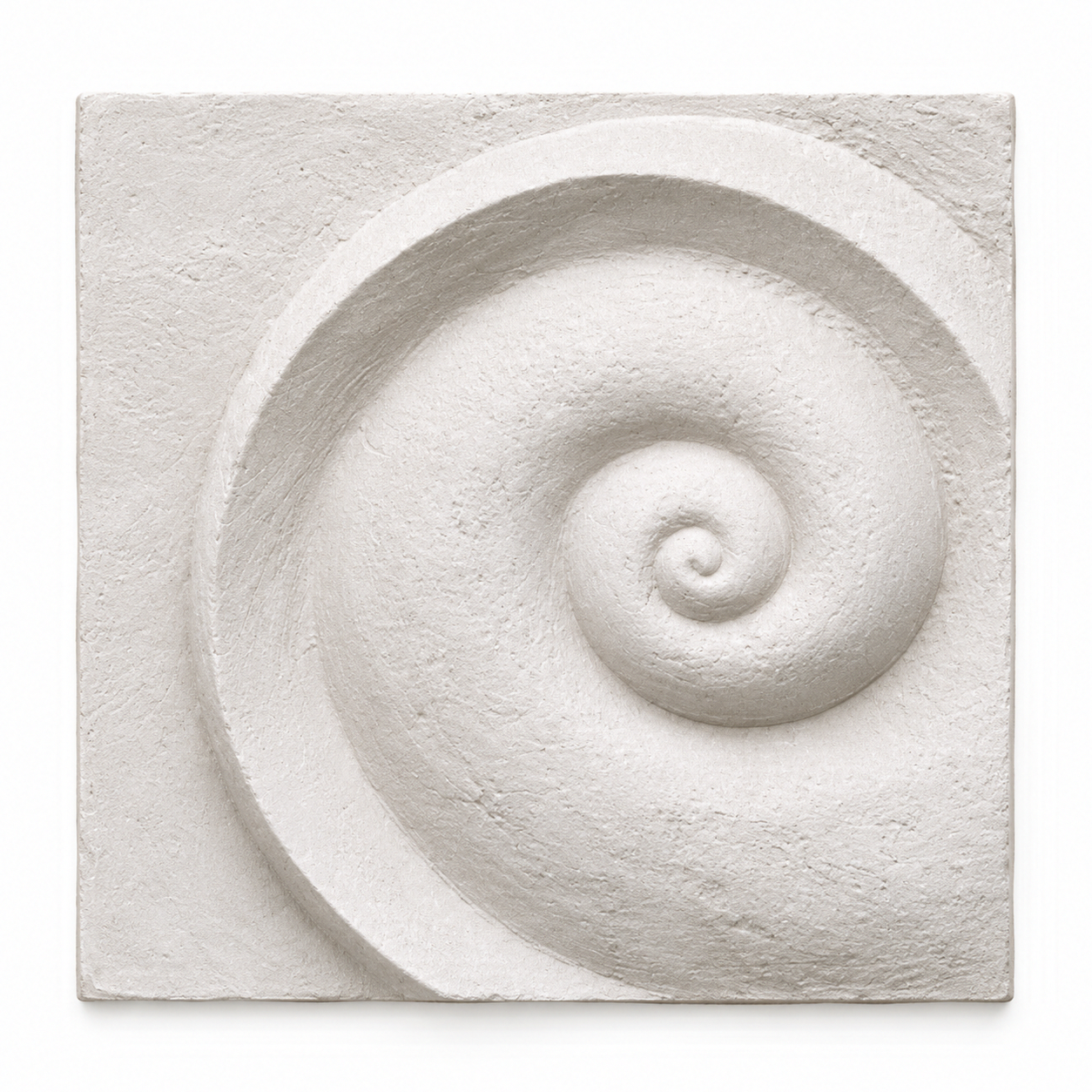 White Spiralmoon 1 square panel with a textured spiral curling inside a broad raised arc.
