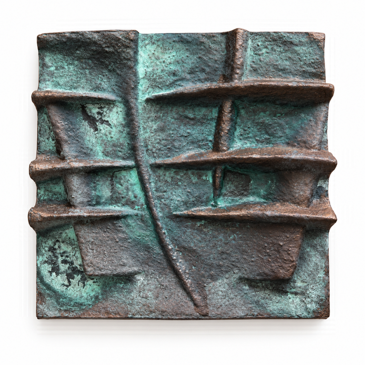 Strata relief with blue-green patina, dark recesses and rusty brown horizontal raised ledges.