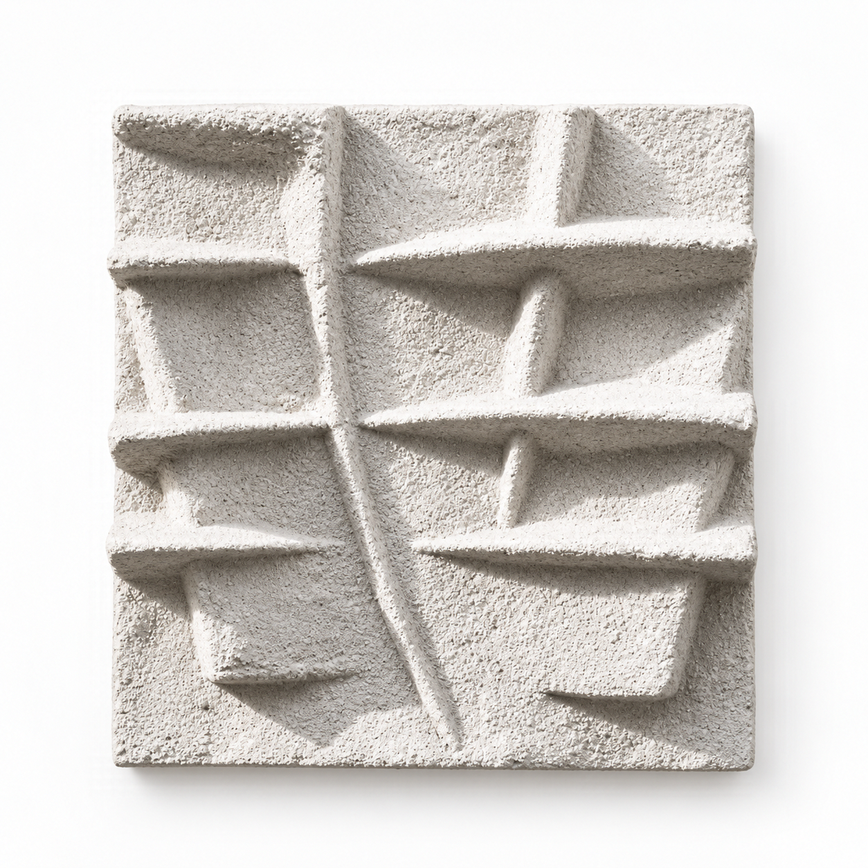 White Strata rectangular relief with rough texture and staggered horizontal raised ledges.
