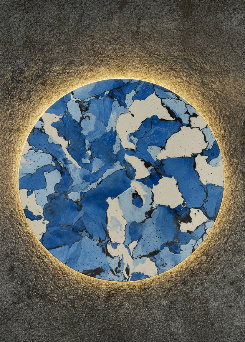 Blue and white marbled circular wall panel surrounded by warm halo lighting on a textured wall.