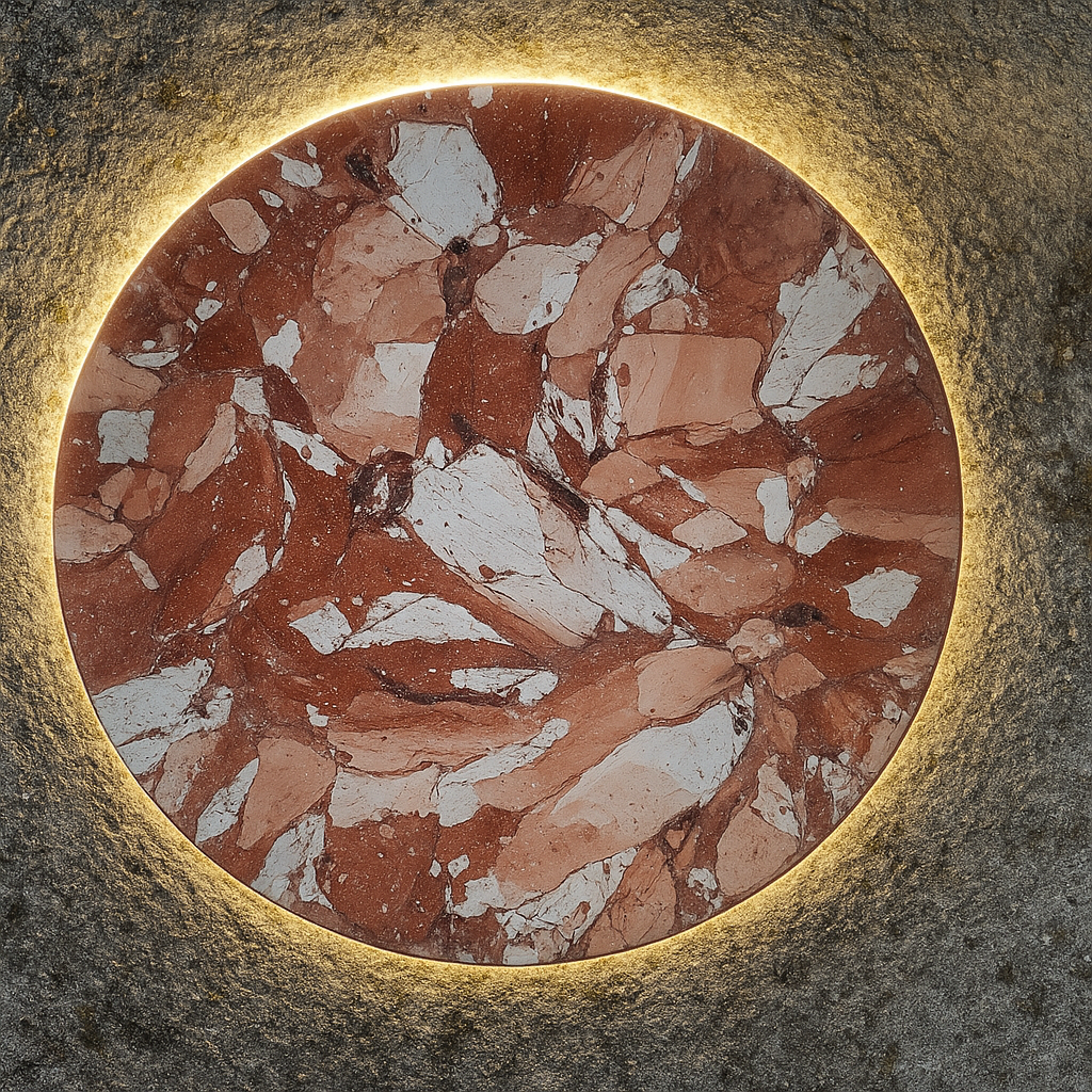 Terracotta and white marbled circular wall panel surrounded by warm halo lighting.