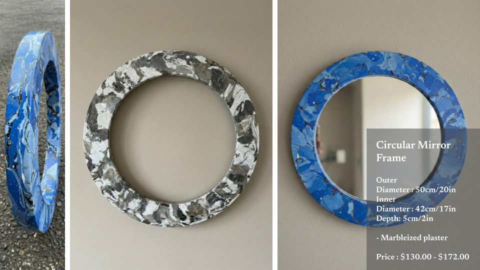 Three marbleized mirror frames, the first is a blue circular frame, the second is a black and white circular frame, and the third is a blue circular frame with a mirror inside. The third frame has overlay text with specifications and price.
