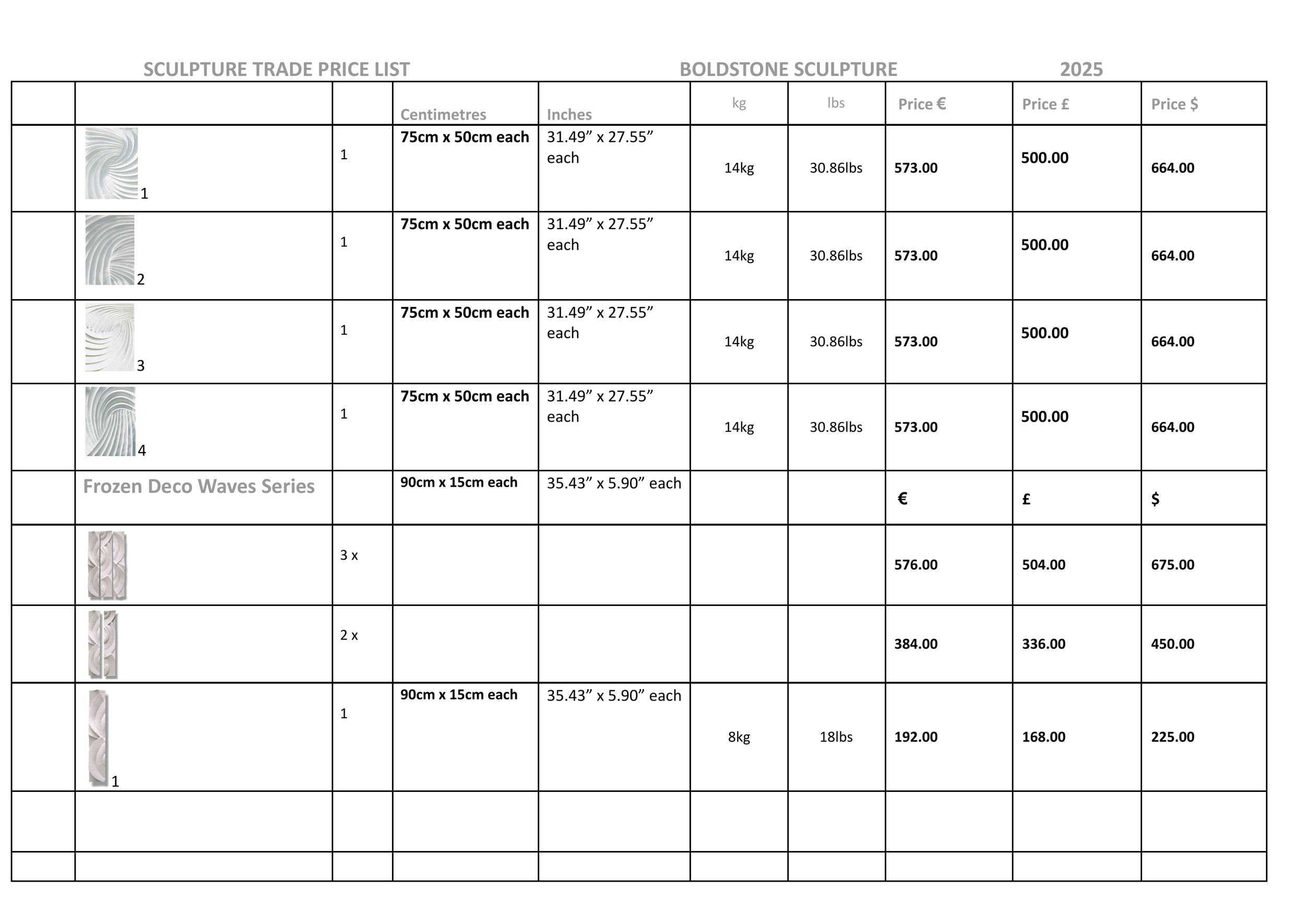 A price list for sculptures, including details about dimensions, weight, and cost in various currencies, featuring images of sculptural designs.