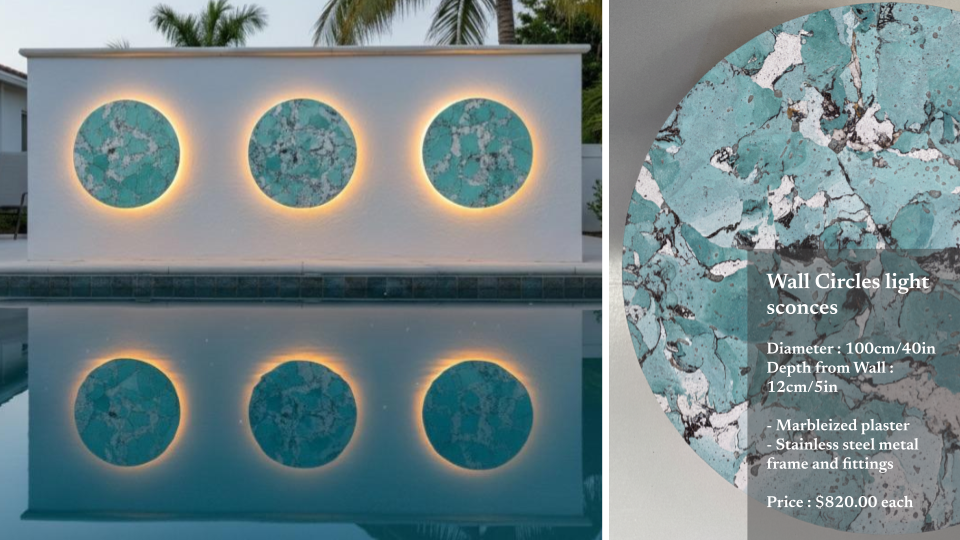 Three circular wall sconces with turquoise marble design, mounted on a white wall above a pool, with their reflection visible in the water. On the right, a close-up shows the marble pattern and details of the wall sconces, which are 100cm in diameter