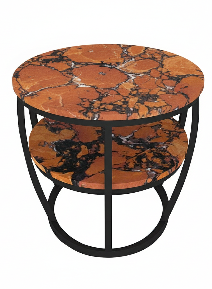 Round side table with a black metal frame and orange marble top with black and white veining.