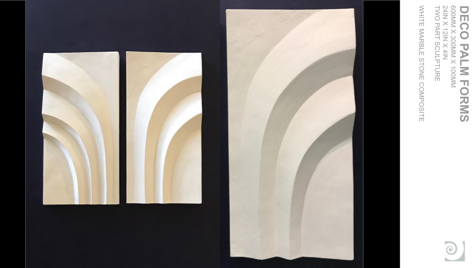Two white marble sculpted panels with curved, layered arches, part of a composite art piece.