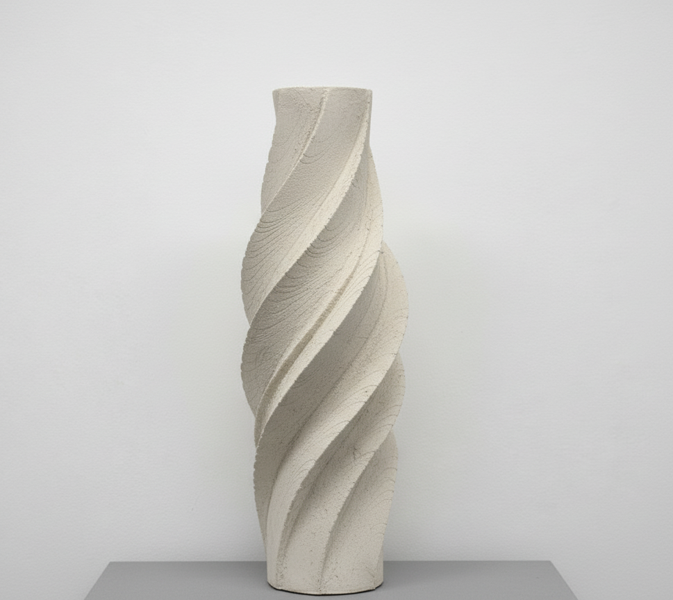 A tall, beige, twisted sculpture with spiral grooves, set against a light gray background.