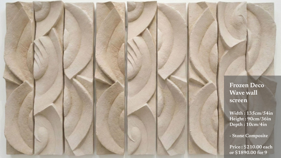 Decorative frozen deco wave wall screen made of stone composite with abstract wave pattern divided into five vertical panels.