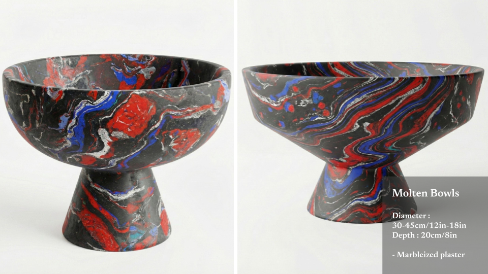 Marbled black, red, white, and blue molten bowl with a wide, shallow shape and a pedestal base