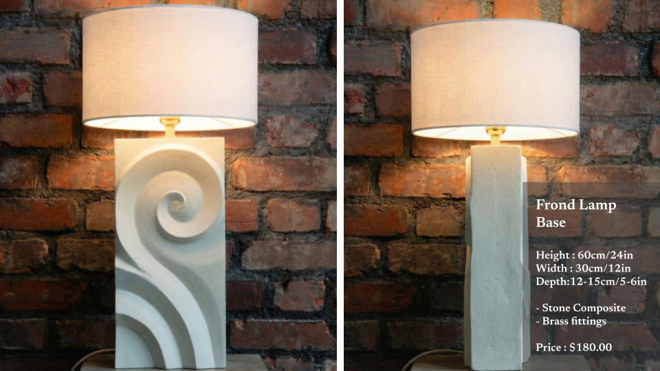 Two table lamps with beige shades are positioned next to each other against a brick wall. The left lamp has a white, marble-like base with a swirl design, while the right lamp has a plain, white stone base. The right image contains text describing th