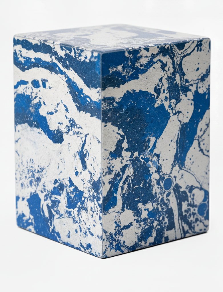 A rectangular box with blue and white marbled pattern, viewed from an angled perspective.