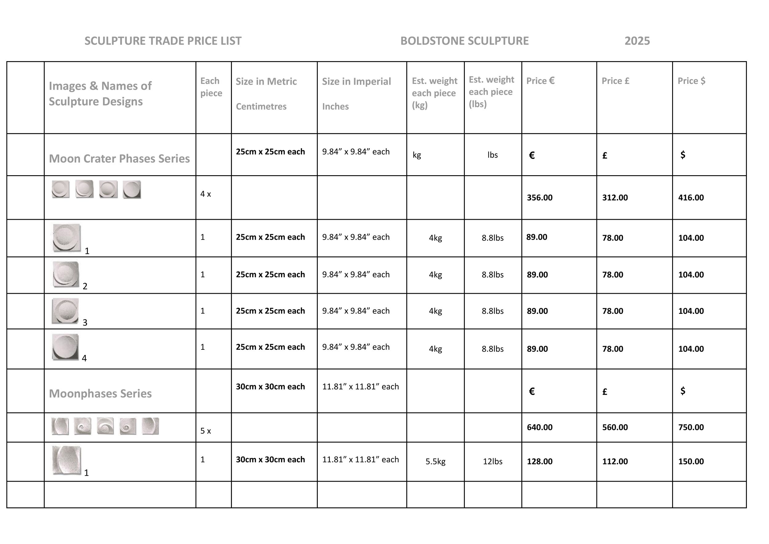 Sculpture trade price list for Boldstone Sculpture, 2025, including Moon Crater Phases Series and Moonphases Series, with details on sizes, weights, and prices in euros, pounds, and dollars.