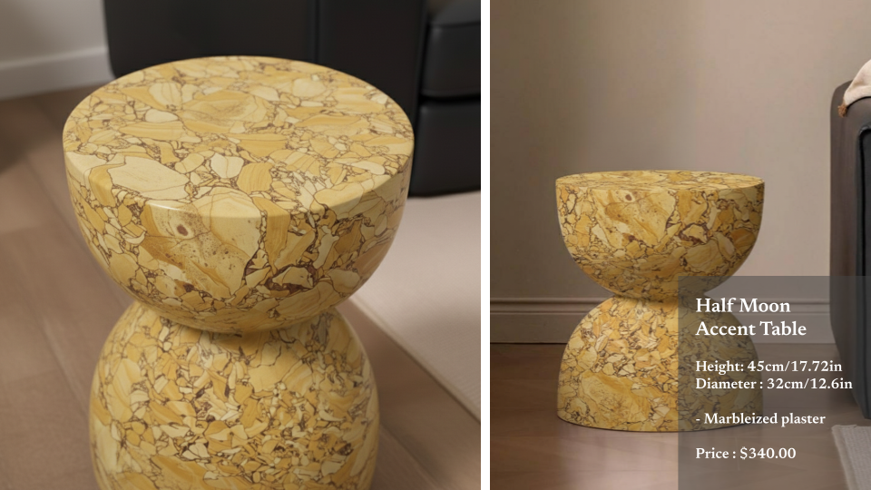 A two-piece marbleized plaster side table with a rounded top and a curved base, yellow and brown marbled pattern, with a description overlay detailing its dimensions and price.