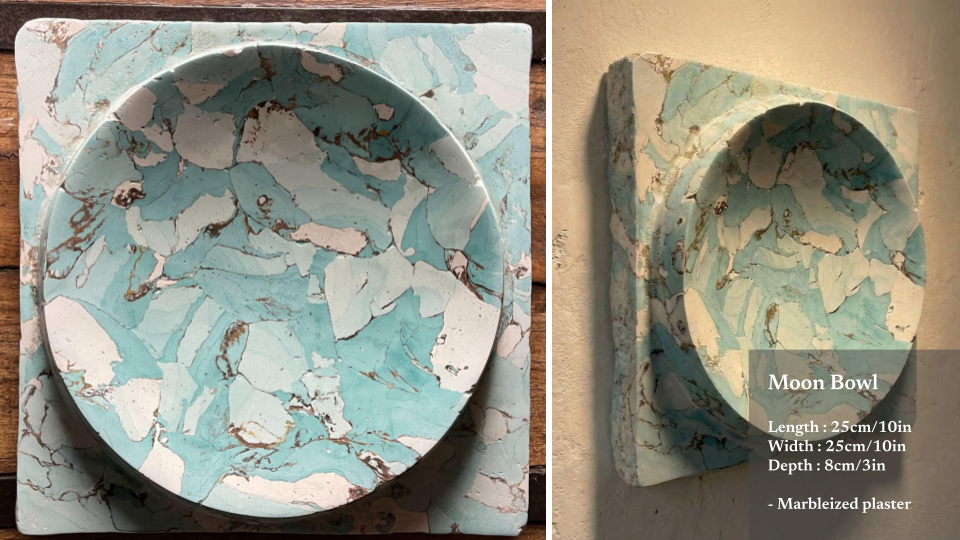 A turquoise and white marbleized plaster moon bowl resting on a square marbleized plaster base, with the bowl slightly off-centered in the left image and mounted on a wall in the right image, with an information overlay detailing its dimensions.