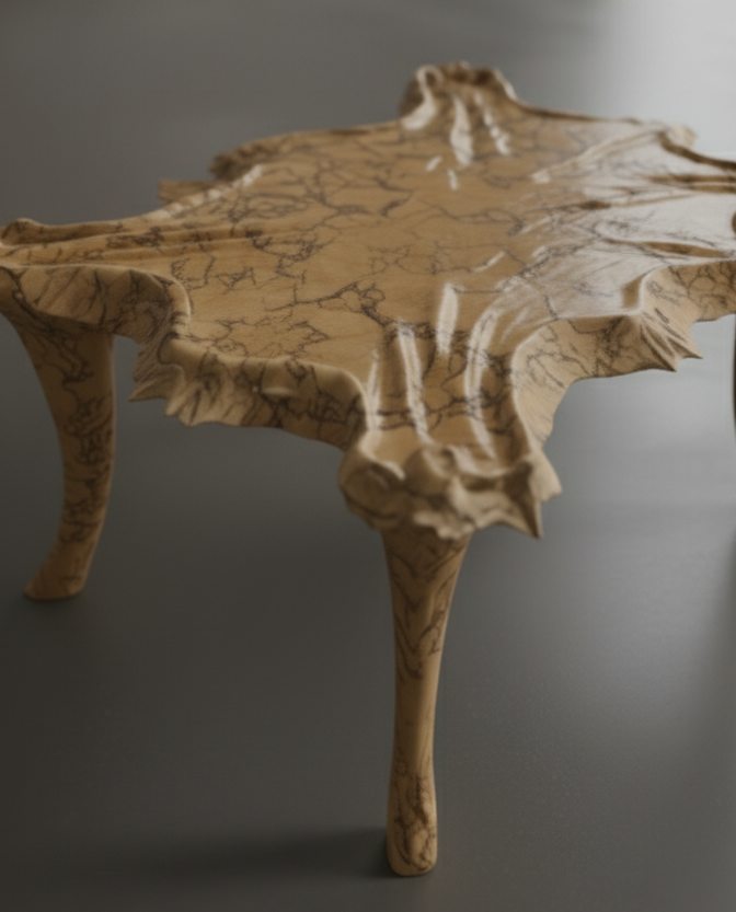 Wooden table with a natural, irregular edge and three carved legs